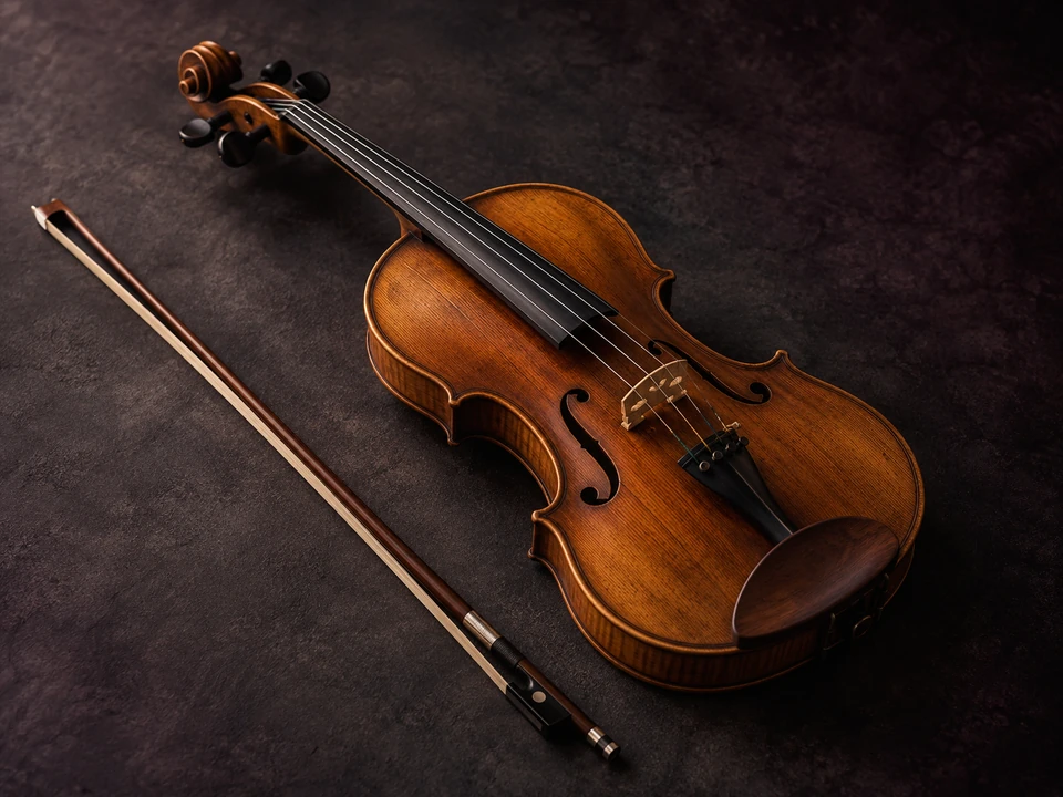 Violino e arco em detalhe, com iluminação suave